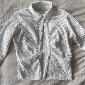 White Ruched Textured Button-Up Shirt